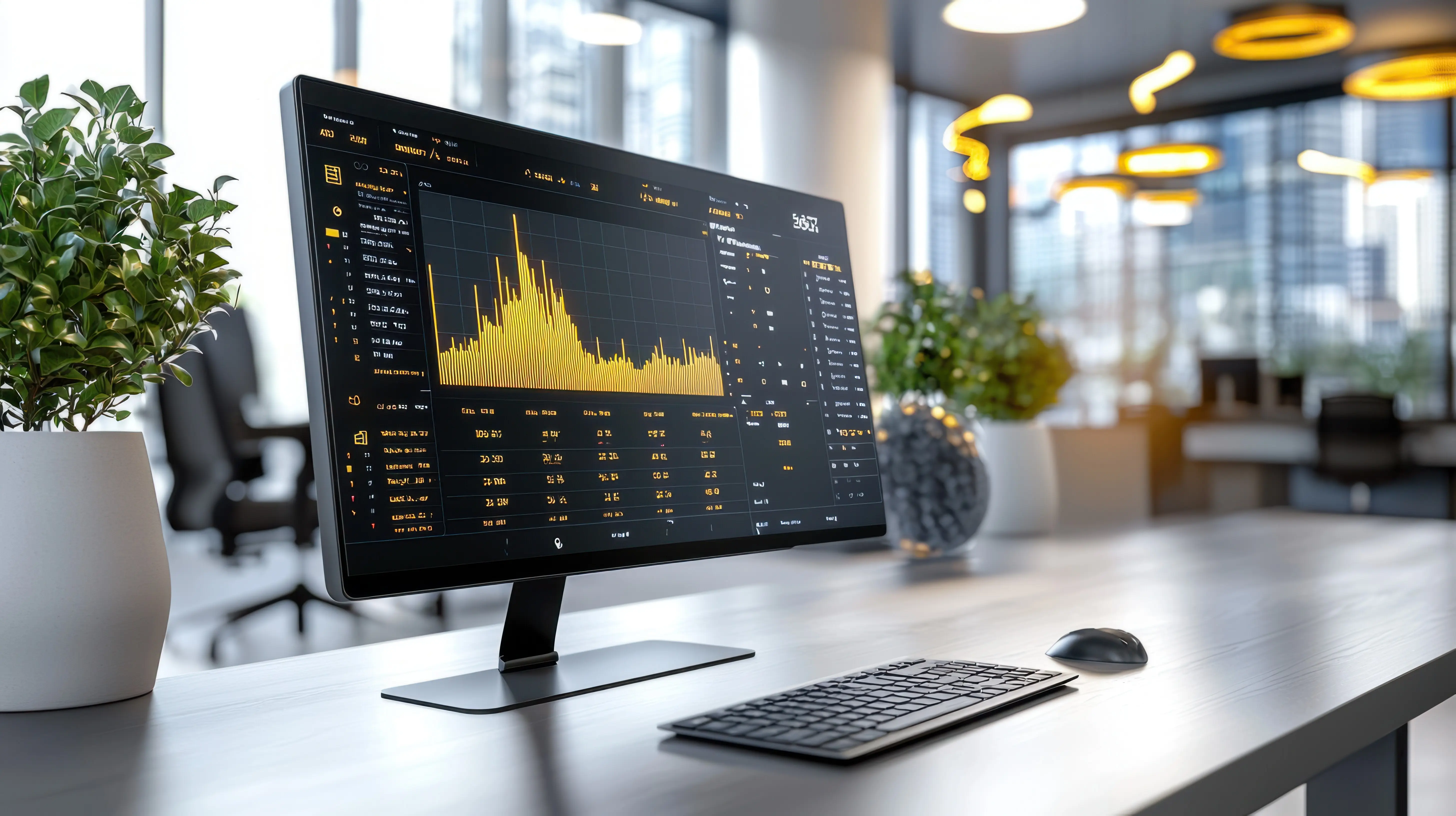 Dynamische Finanzdatenvisualisierung auf einem eleganten schwarzen Trading-Terminal-Bildschirm mit einer goldenen Illustration eines Marktwachstumsdiagramms.