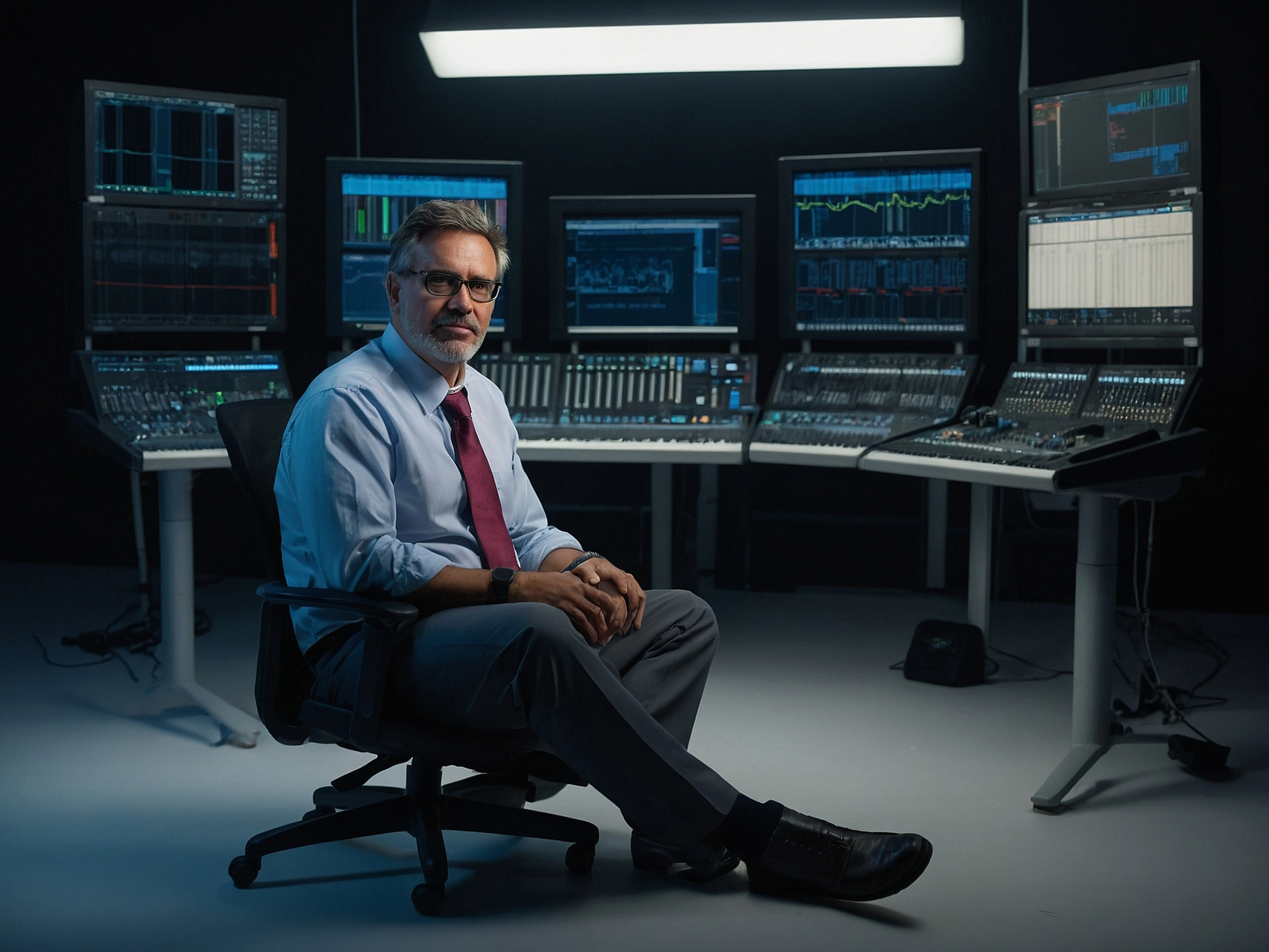 Sitzender Telekommunikationsingenieur mit einem Bein über dem anderen