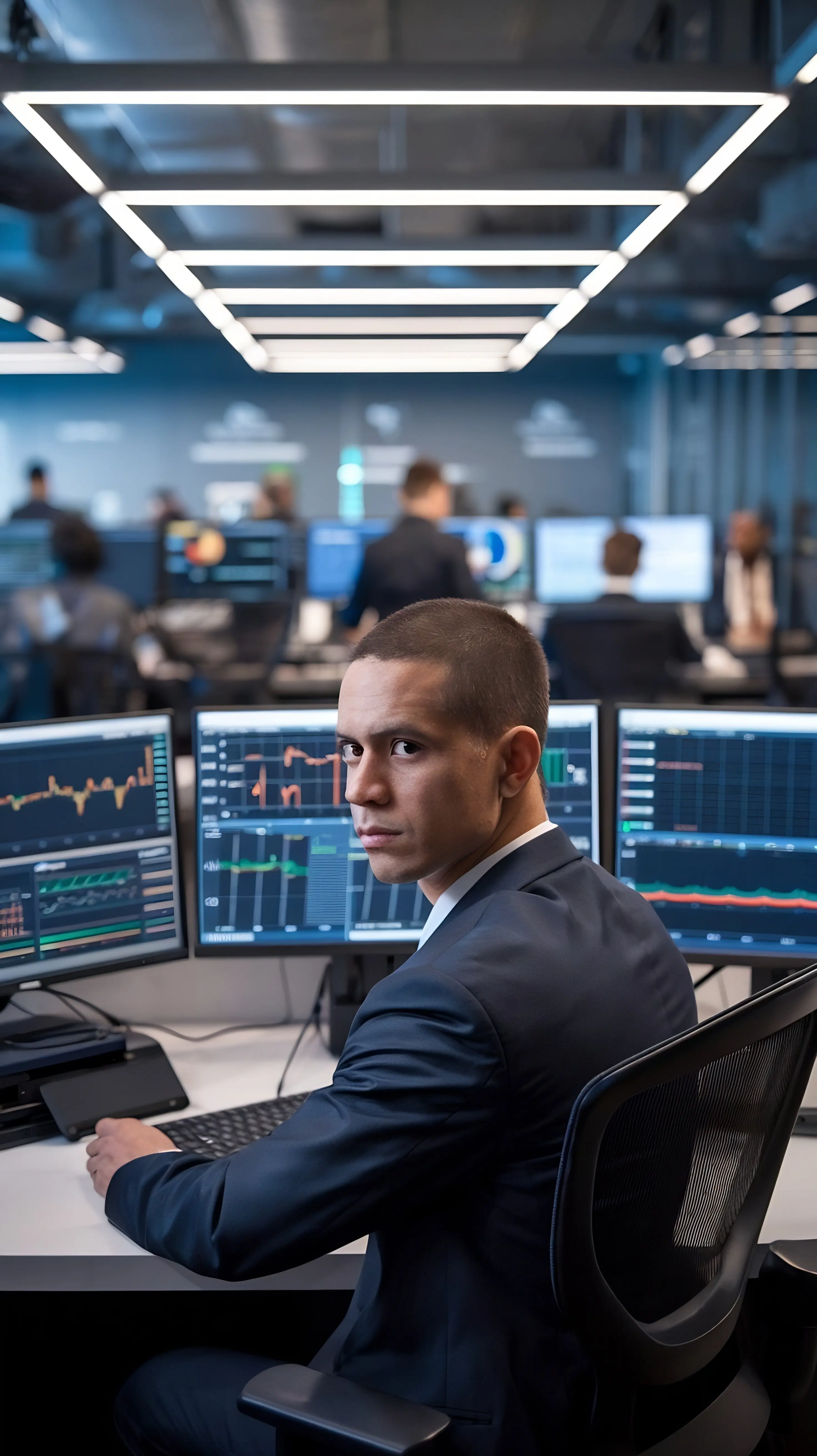 Porträt eines ernst wirkenden, professionellen technischen Kontrolleurs, der an seinem Schreibtisch sitzt, mit mehreren Computer Di