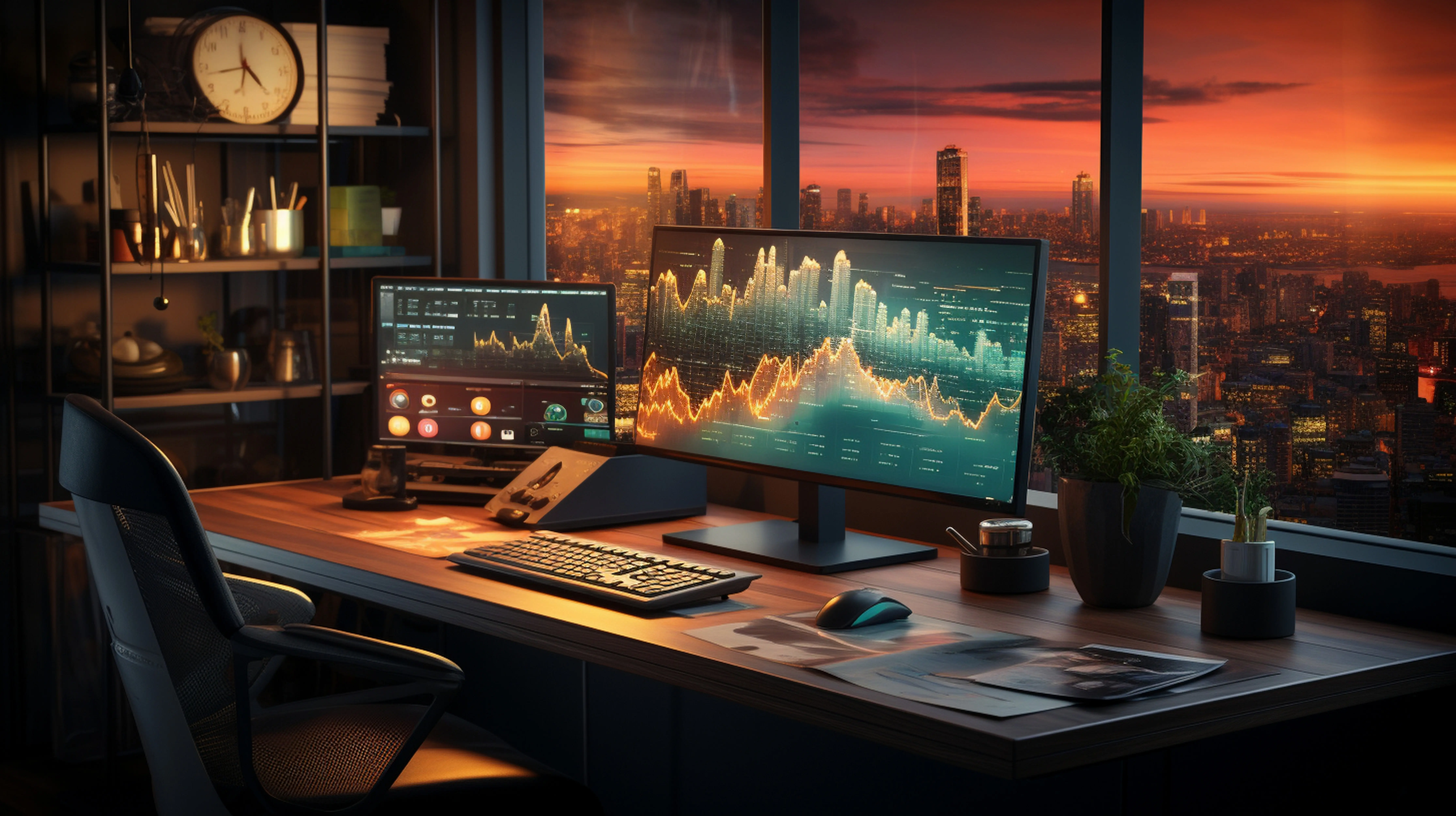 Gemütliches, modernes Homeoffice mit Computer-Schreibtisch und an der Wand befestigten Infografikblättern, generative KI