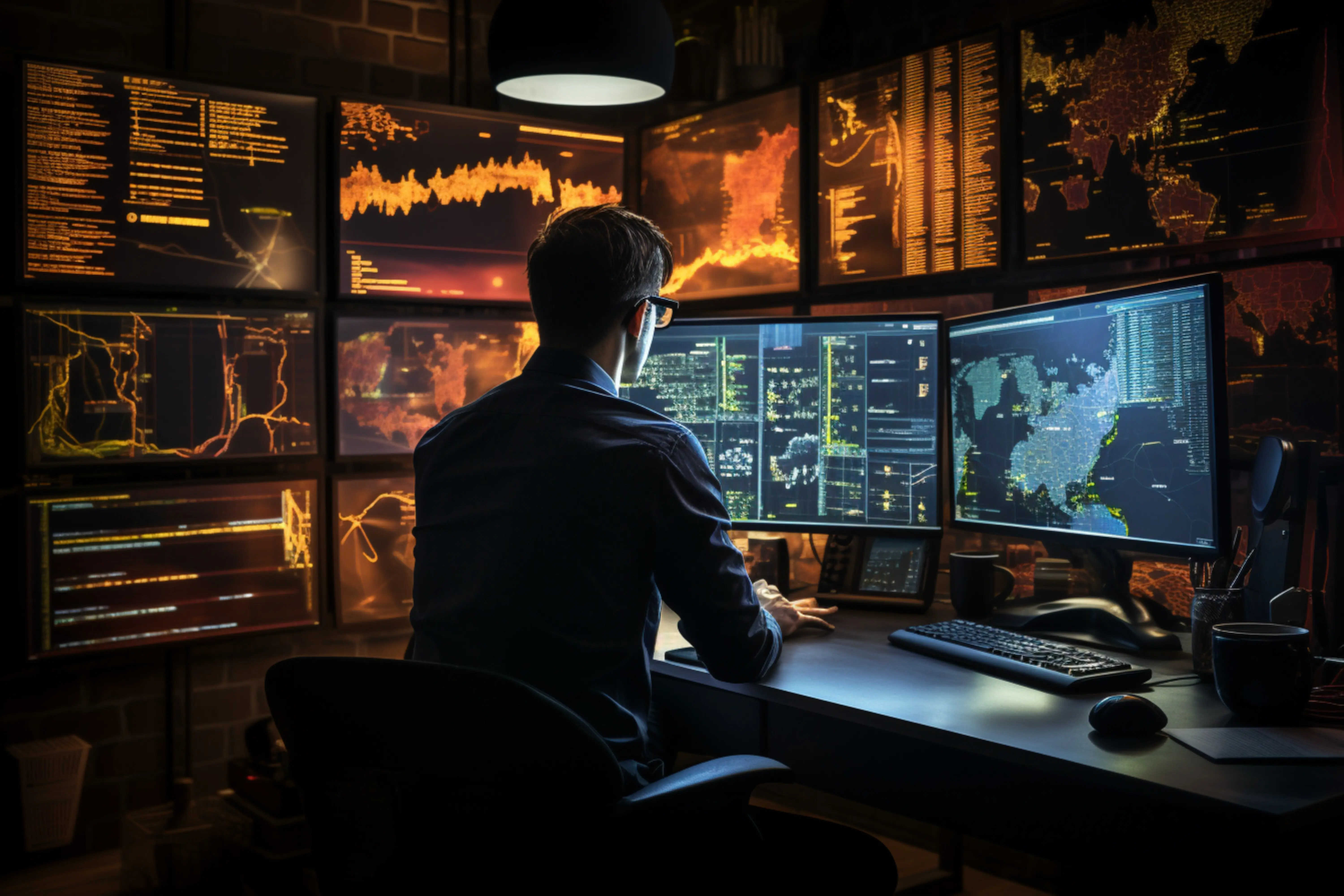 Bild eines Mannes, der an einem Schreibtisch sitzt und auf mehrere digitale Bildschirme schaut.