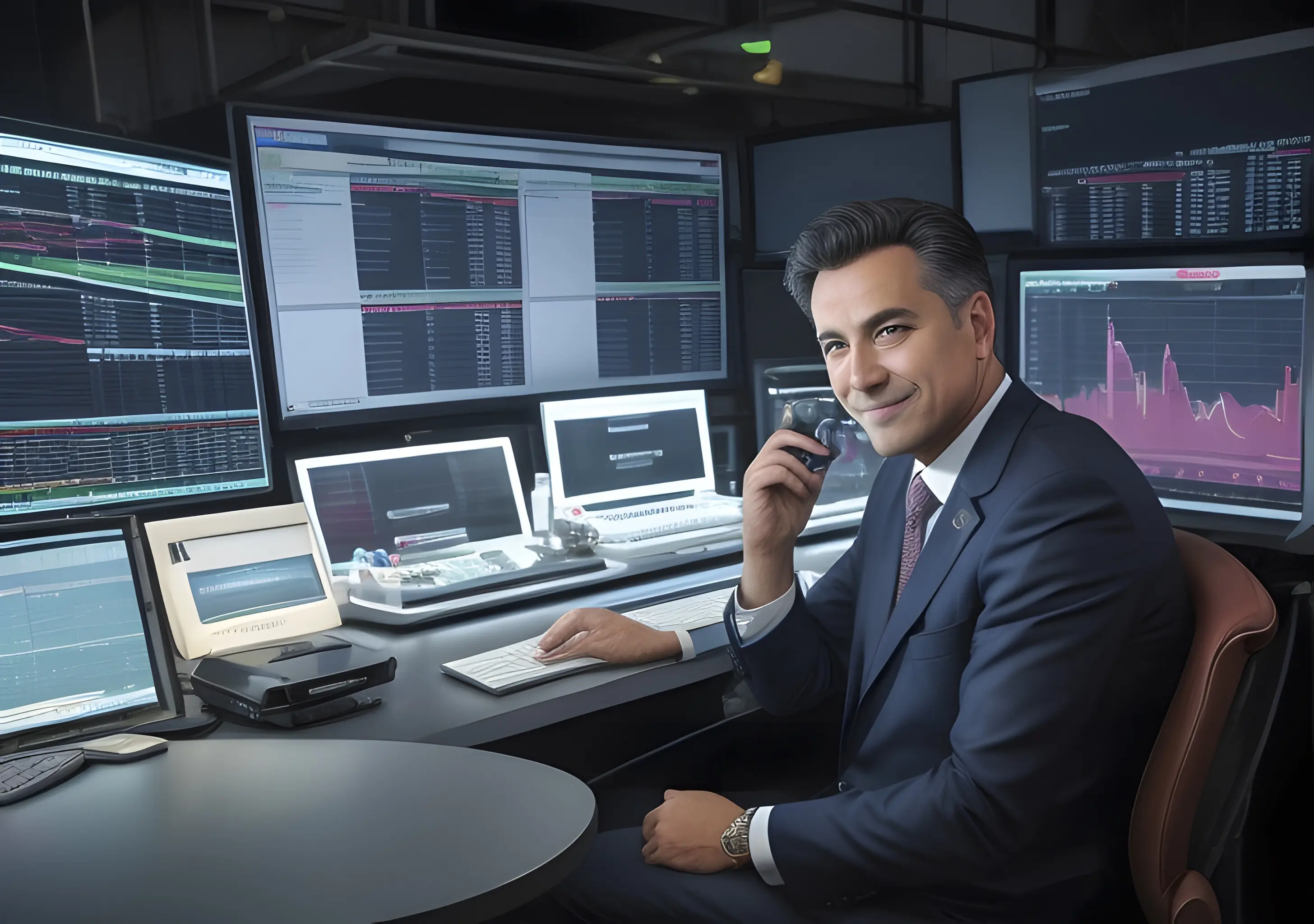 Geschäftsmann mit Aktienkursdiagrammen der Börse im Hintergrund, generative KI.