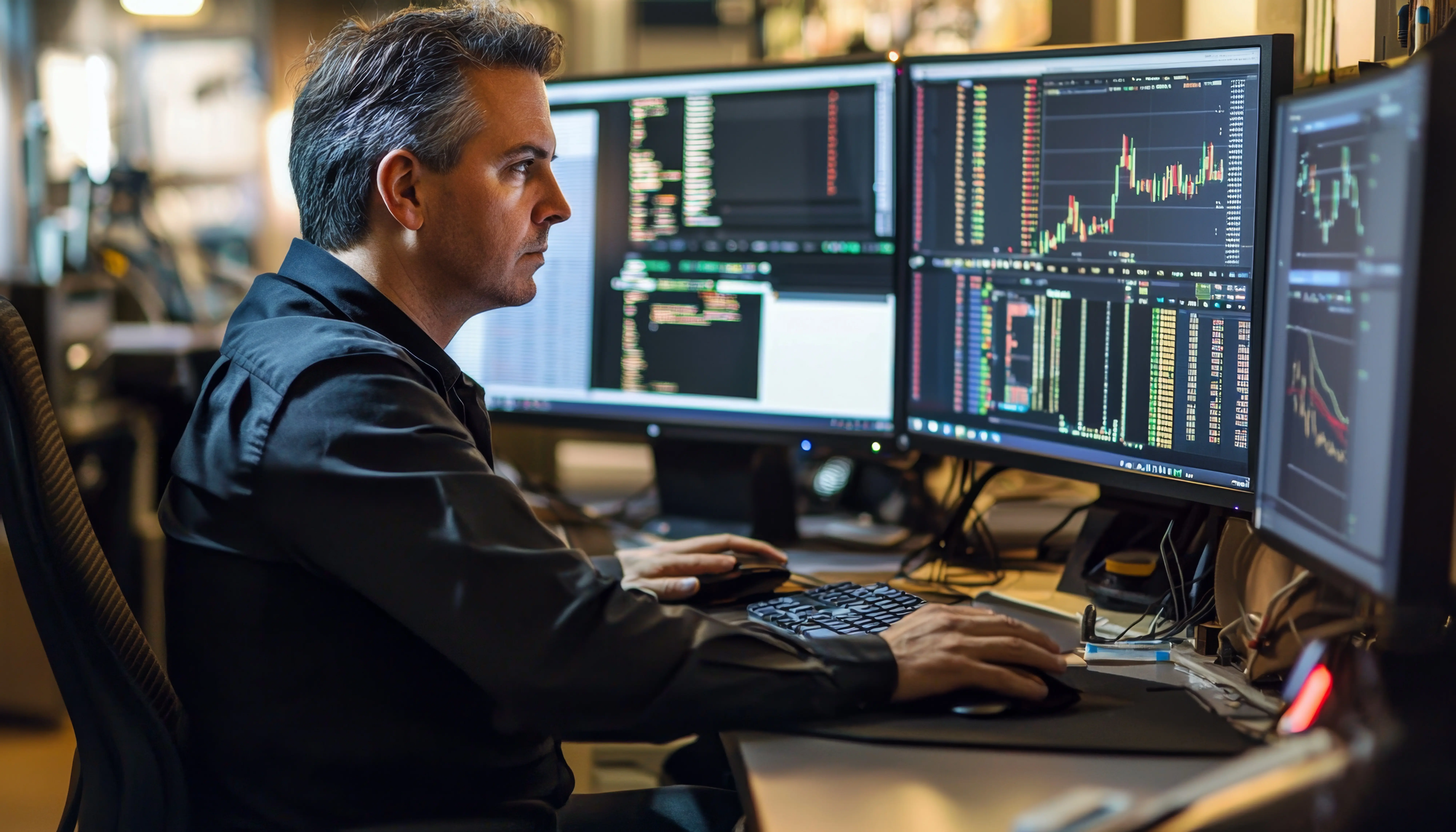 Finanzanalyst bei der Arbeit an einem Computer mit Multi-Monitor-Setup