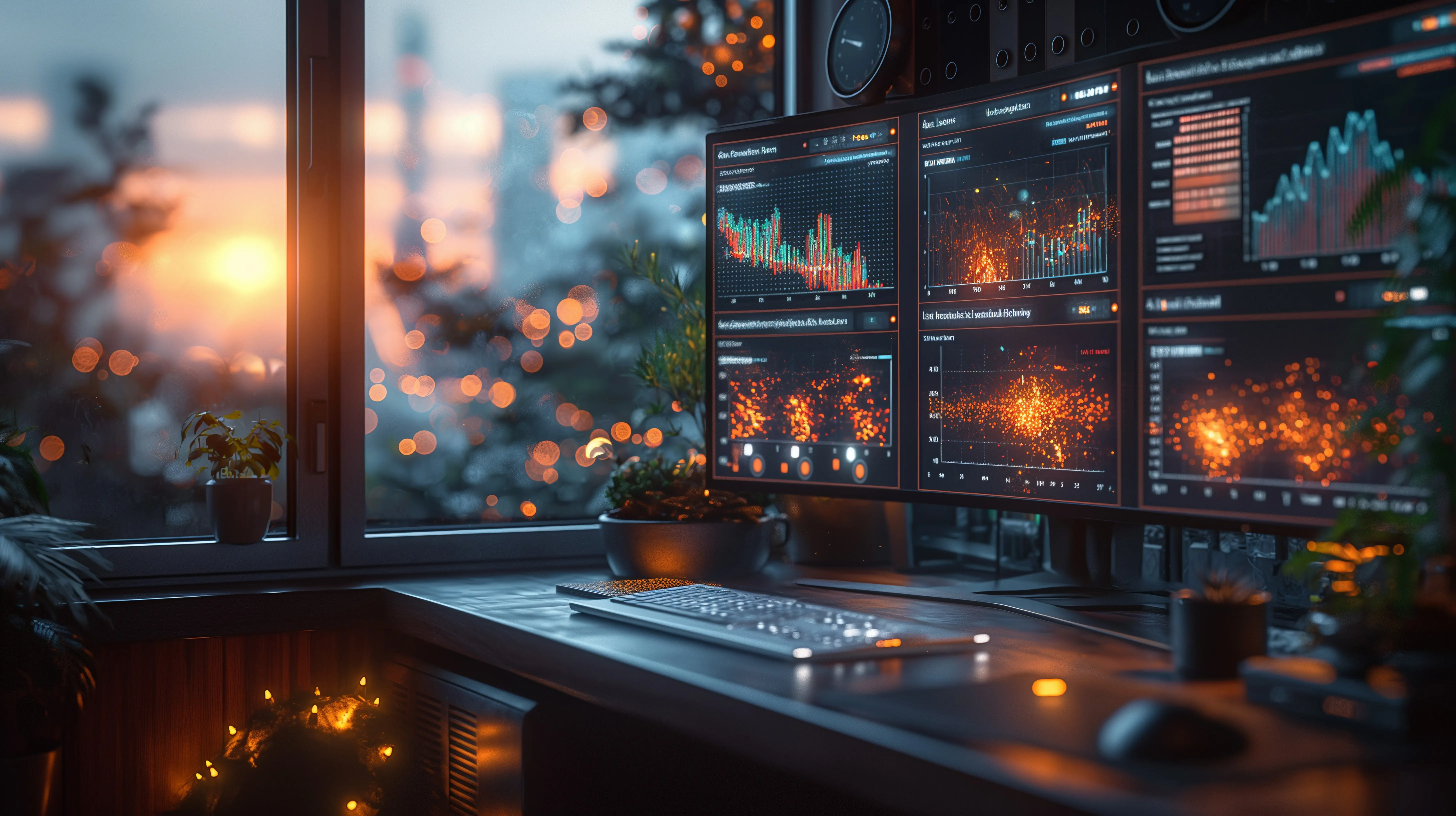 Ein Computertisch mit drei Monitoren und einer Tastatur